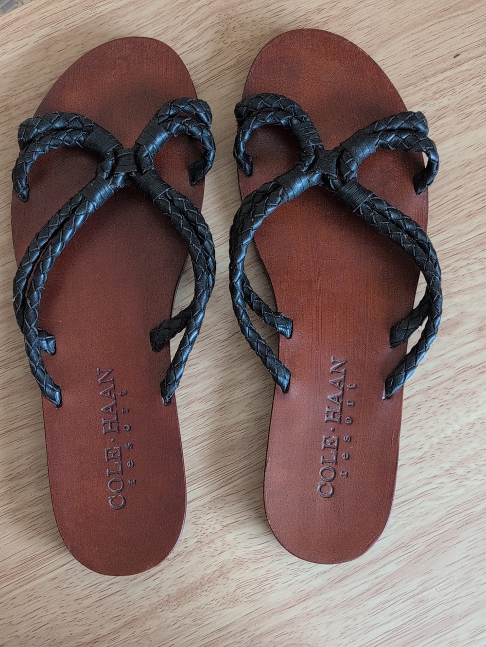 Cole Haan Women's Brown Footbed Sandals with Black Braided Straps
